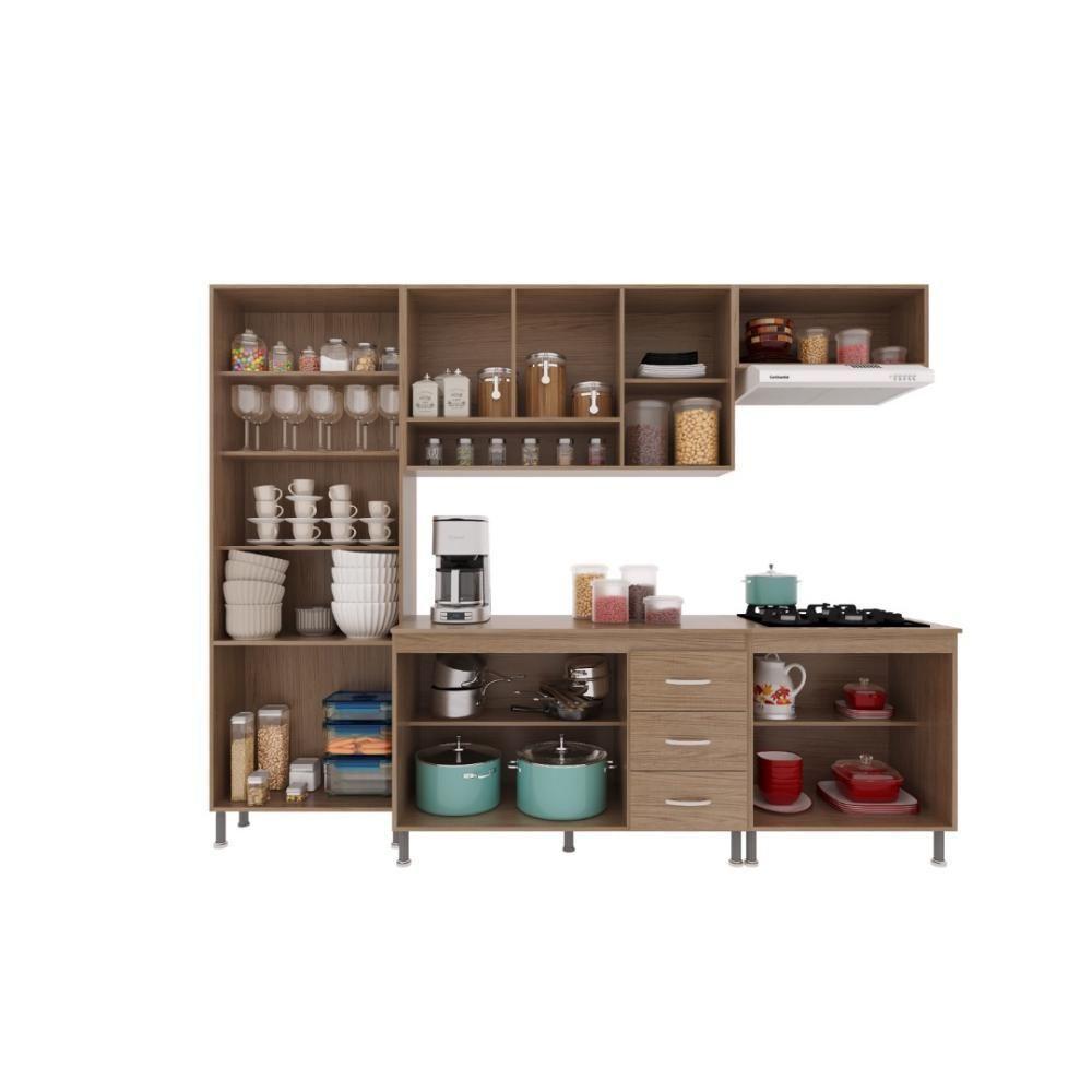 Cozinha Modulada Completa Fidelitá Paris 5 Peças 260cm 13 Portas 3 Gavetas Com Tampo Nogal/salinas - 7