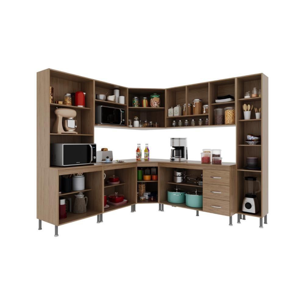Cozinha Modulada Completa Fidelitá Paris 8 Peças 445cm 18 Portas 3 Gavetas Com Tampo Nogal/salinas - 6