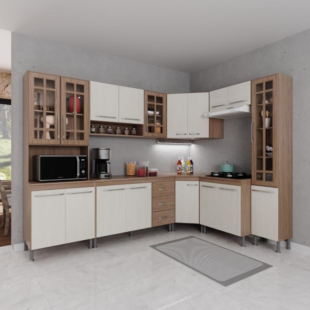 Cozinha Modulada Completa Fidelitá Paris 8 Peças 445cm 18 Portas 3 Gavetas Com Tampo Nogal/salinas - 1
