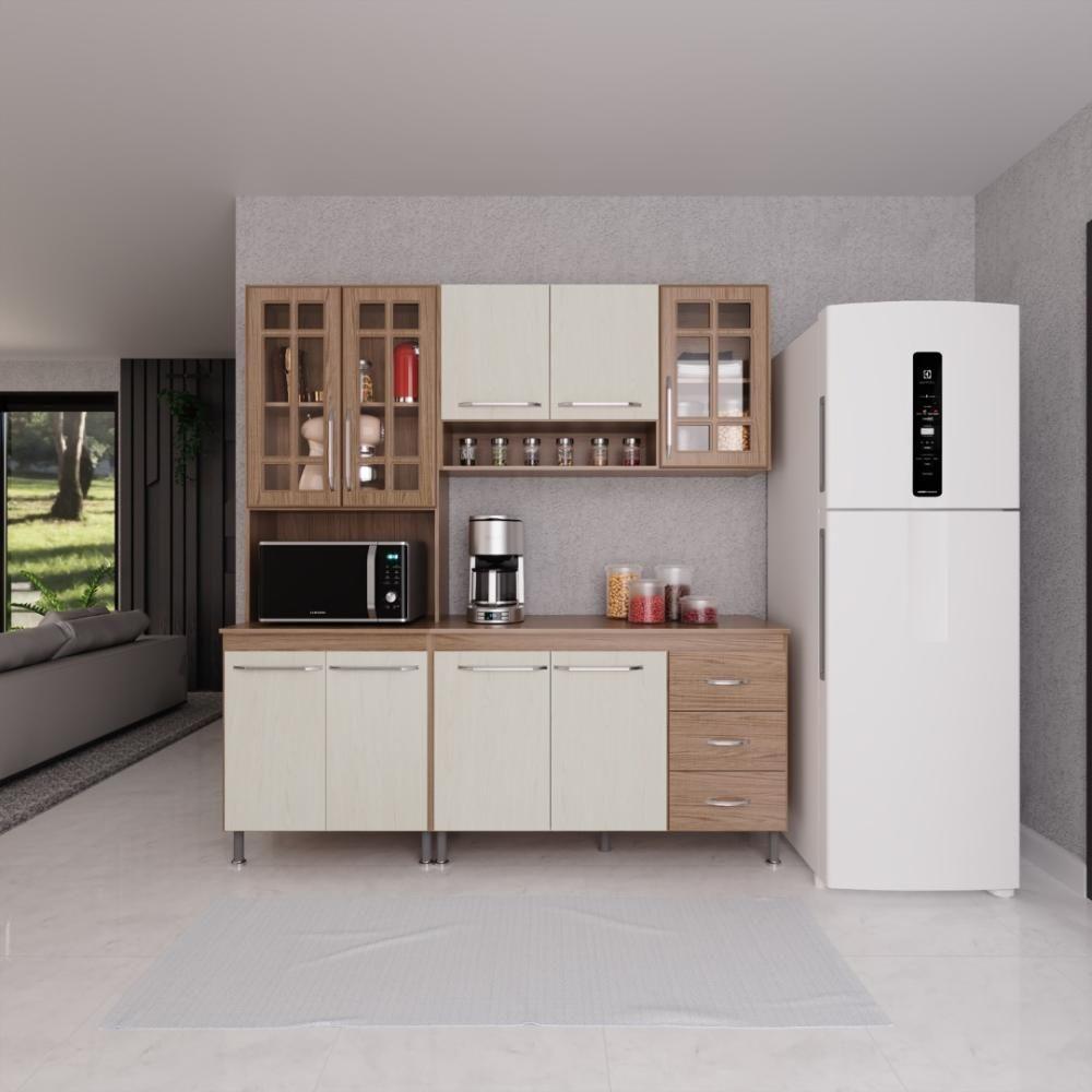 Cozinha Modulada Compacta Fidelitá Paris 3 Peças 190cm 9 Portas 3 Gavetas Com Tampo Nogal/salinas - 1
