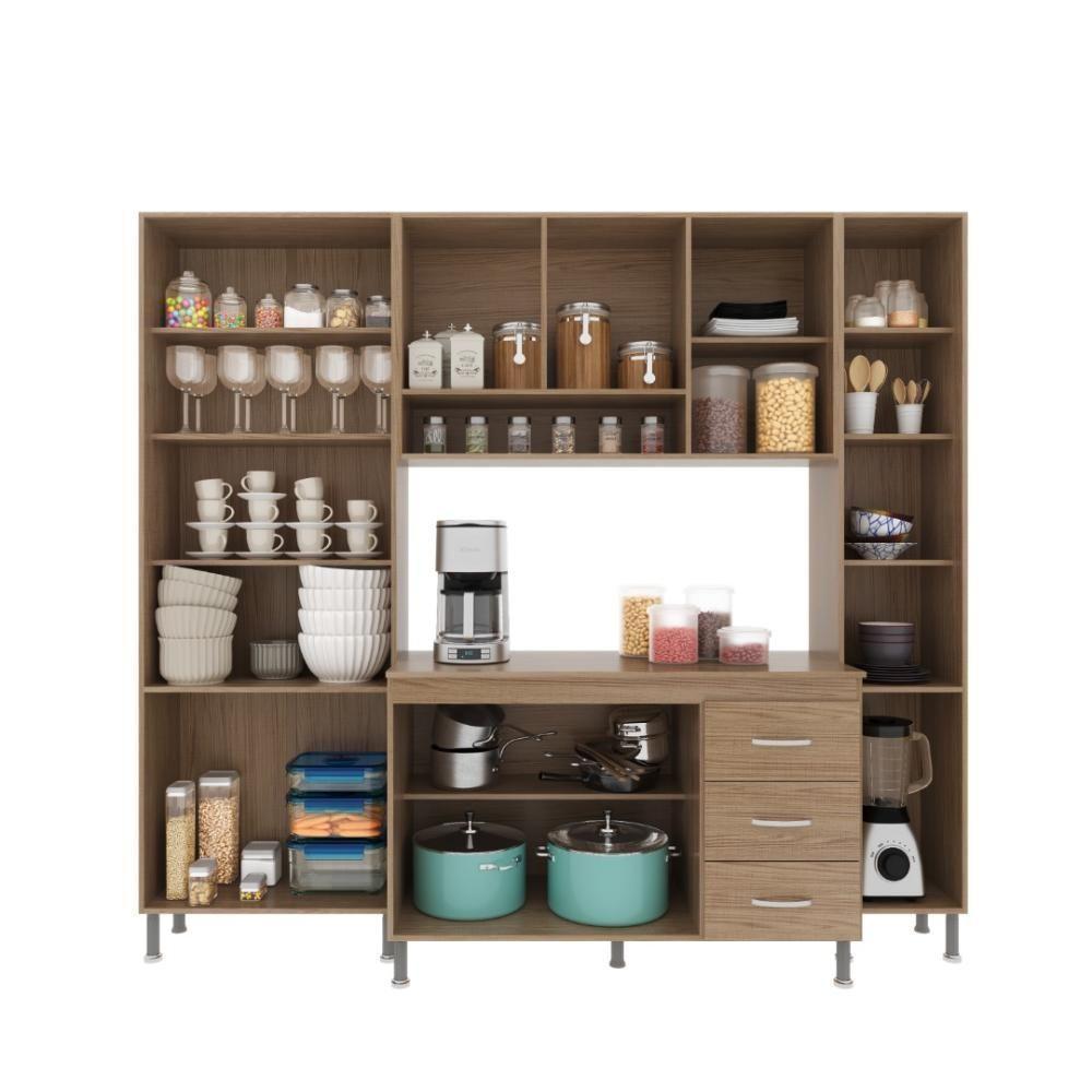 Cozinha Modulada Compacta Fidelitá Paris 4 Peças 225cm 11 Portas 3 Gavetas Com Tampo Nogal/salinas - 3