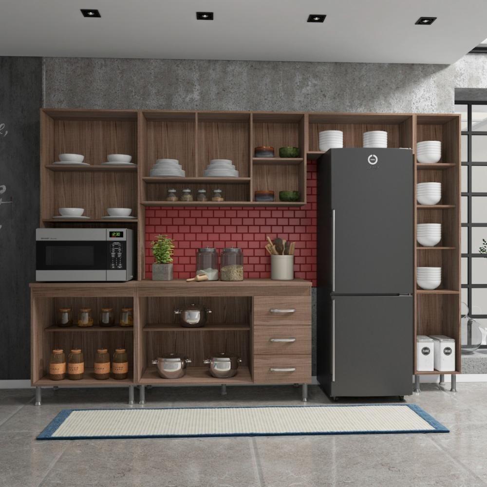 Cozinha Modulada Completa Fidelitá Paris 5 Peças 295 Cm 13 Portas 3 Gavetas Com Tampo Nogal/salinas - 3