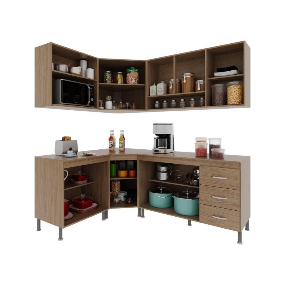 Cozinha Modulada Completa Fidelitá Paris 6 Peças 340cm 12 Portas 3 Gavetas Com Tampo Nogal/salinas - 2