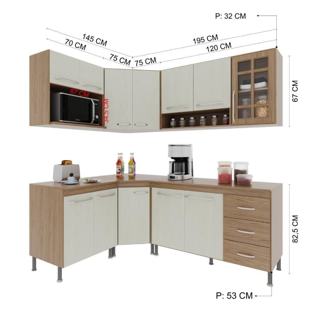 Cozinha Modulada Completa Fidelitá Paris 6 Peças 340cm 12 Portas 3 Gavetas Com Tampo Nogal/salinas - 7
