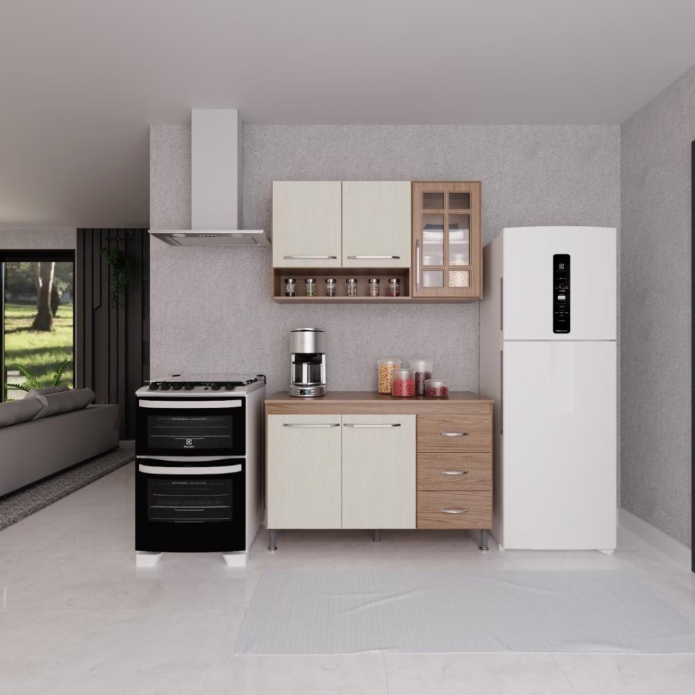 Cozinha Modulada Compacta Fidelitá Paris 2 Peças 120cm 5 Portas 3 Gavetas Com Tampo Nogal/salinas - 1