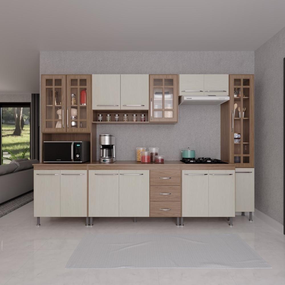 Cozinha Modulada Completa Fidelitá Paris 6 Peças 295cm 15 Portas 3 Gavetas Com Tampo Nogal/salinas - 1