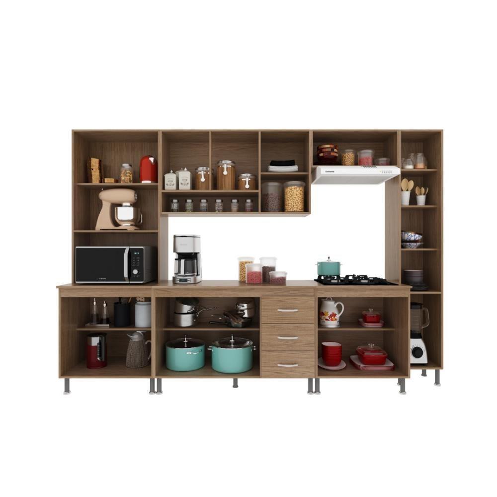 Cozinha Modulada Completa Fidelitá Paris 6 Peças 295cm 15 Portas 3 Gavetas Com Tampo Nogal/salinas - 8