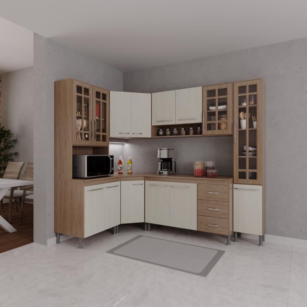 Cozinha Modulada Completa Fidelitá Paris 6 Peças 375 Cm 14 Portas 3 Gavetas Com Tampo Nogal/salinas - 1