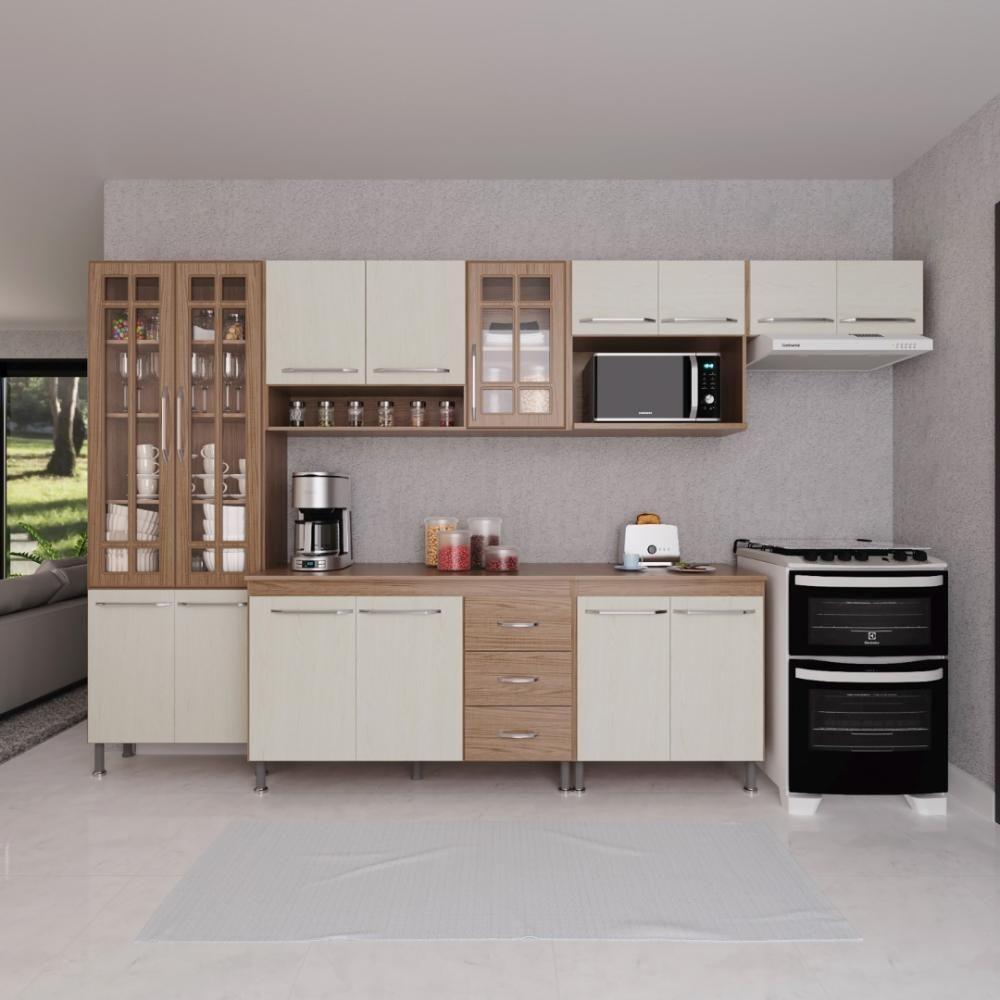 Cozinha Modulada Completa Fidelitá Paris 6 Peças 330cm 15 Portas 3 Gavetas Com Tampo Nogal/salinas - 1