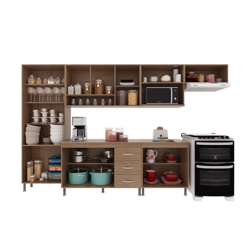 Cozinha Modulada Completa Fidelitá Paris 6 Peças 330cm 15 Portas 3 Gavetas Com Tampo Nogal/salinas - 3