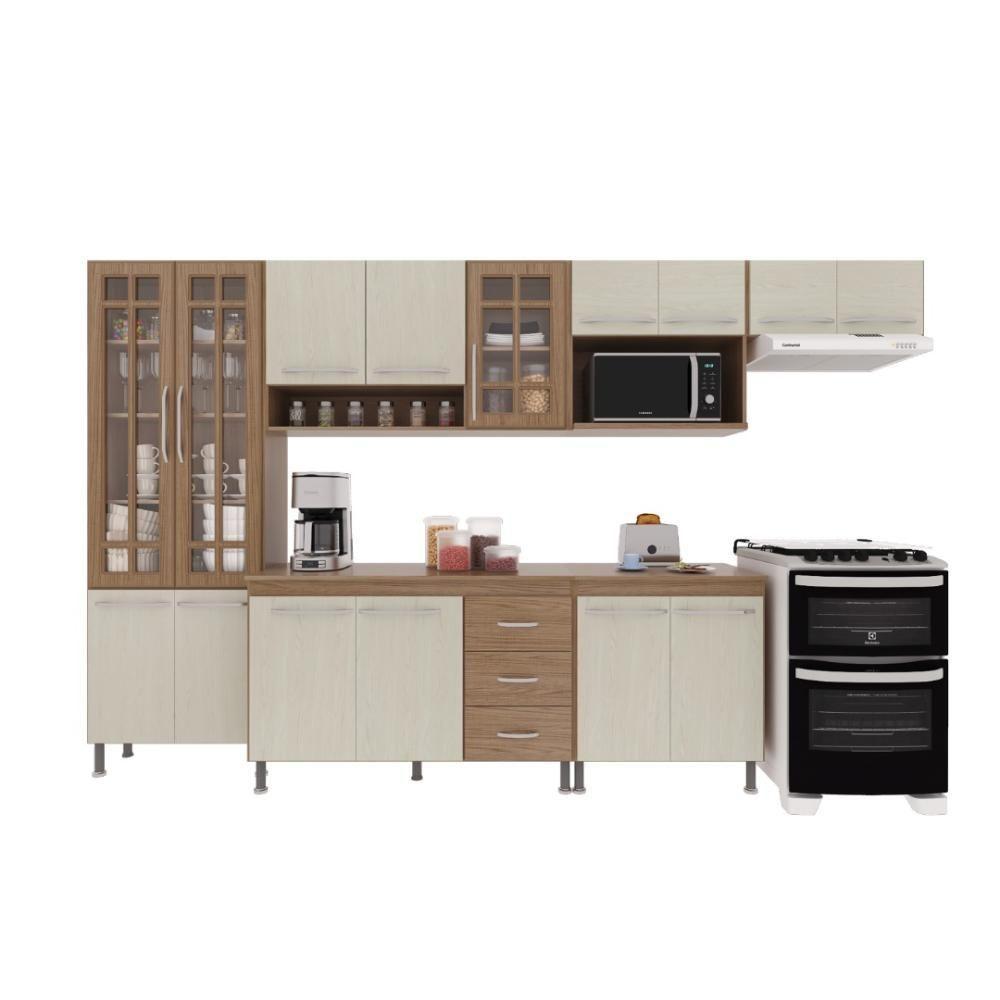 Cozinha Modulada Completa Fidelitá Paris 6 Peças 330cm 15 Portas 3 Gavetas Com Tampo Nogal/salinas - 7