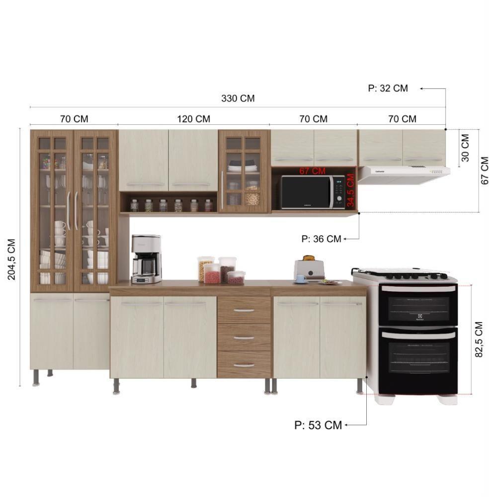 Cozinha Modulada Completa Fidelitá Paris 6 Peças 330cm 15 Portas 3 Gavetas Com Tampo Nogal/salinas - 8