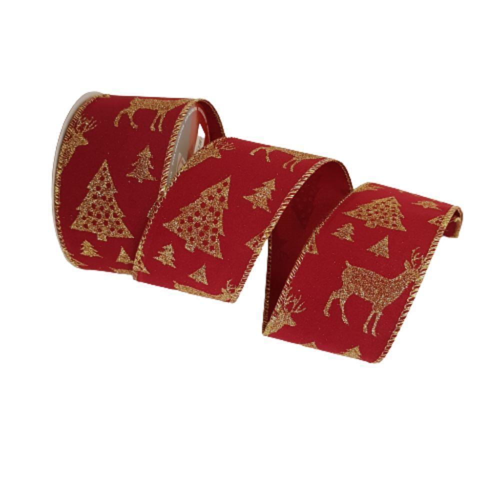 Fita Aramada Vermelha Rena E árvore Dourada Comp 9.14m - 1