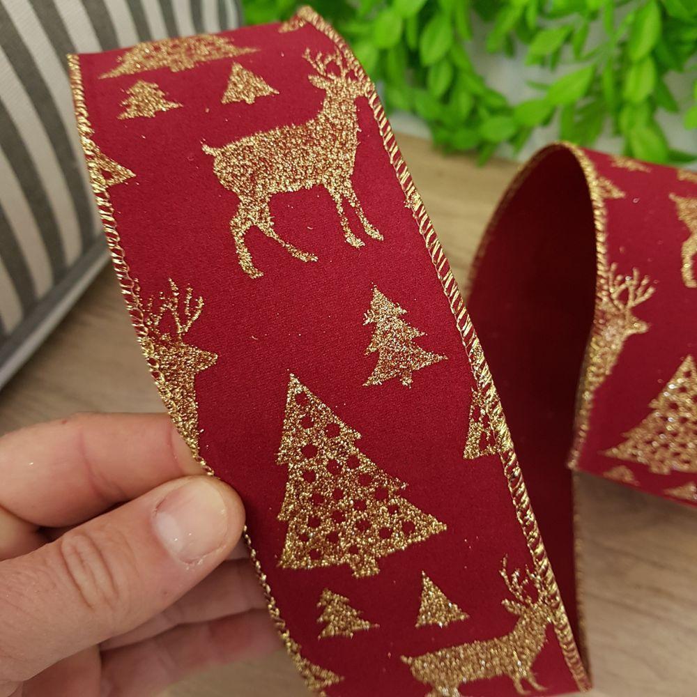 Fita Aramada Vermelha Rena E árvore Dourada Comp 9.14m - 2