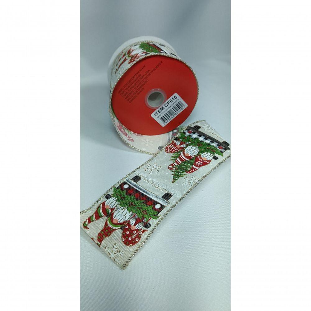 Fita Decorativa Bege Com Estampa De Papai Noel Gnomo - 3