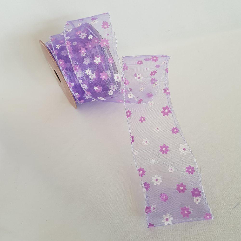 Fita Aramada Voal Lilás Com Mini Flores Comp 9.14m - 3