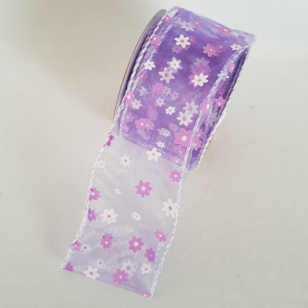 Fita Aramada Voal Lilás Com Mini Flores Comp 9.14m - 6