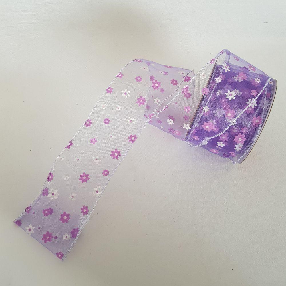 Fita Aramada Voal Lilás Com Mini Flores Comp 9.14m - 2