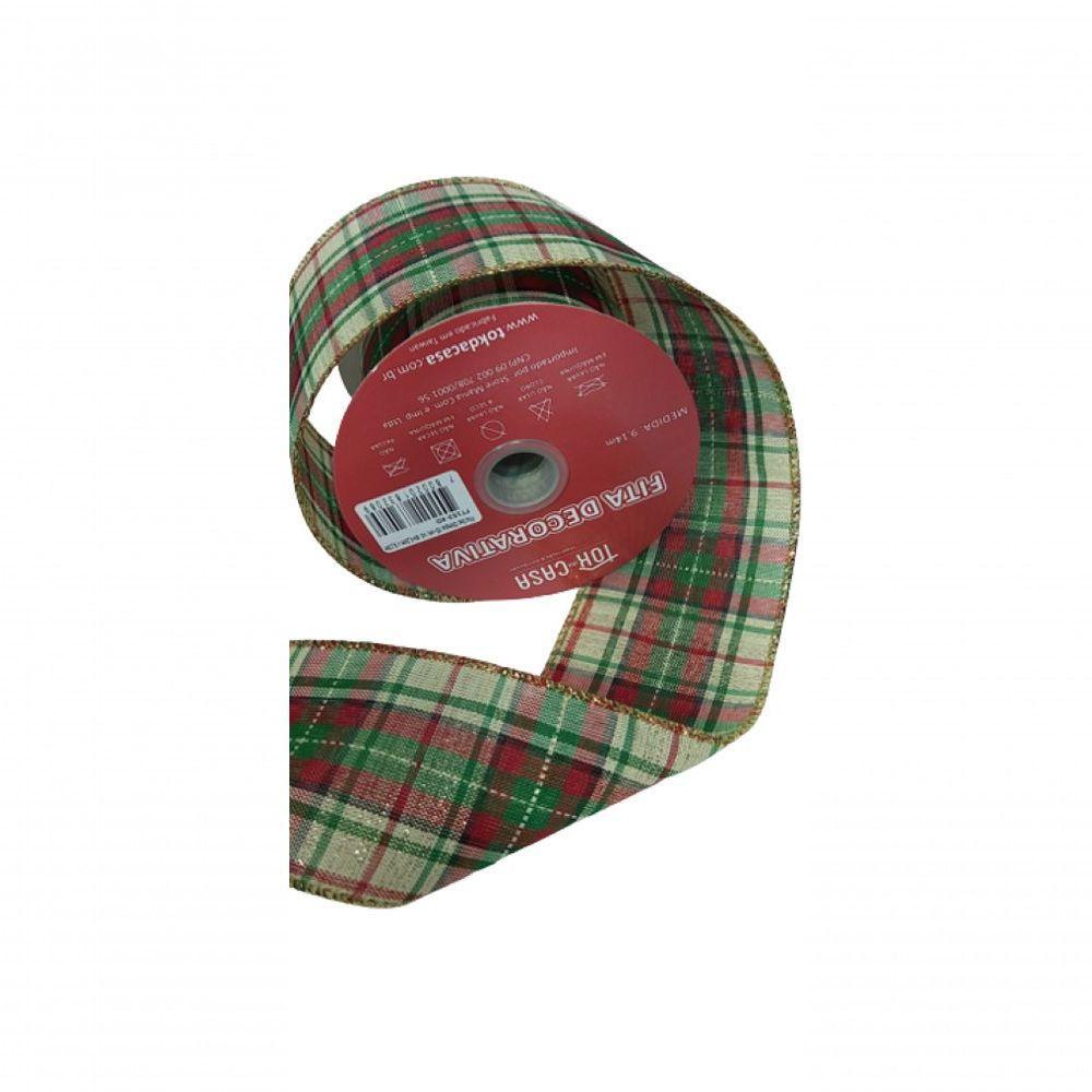 Fita Decorativa Xadrez Verde E Vermelho Com Dourado - 1