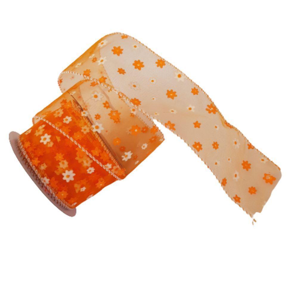 Fita Aramada Voal Laranja Com Mini Flores Comp 9.14m - 1