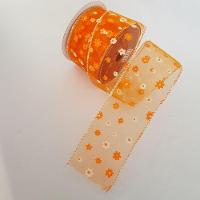 Fita Aramada Voal Laranja Com Mini Flores Comp 9.14m