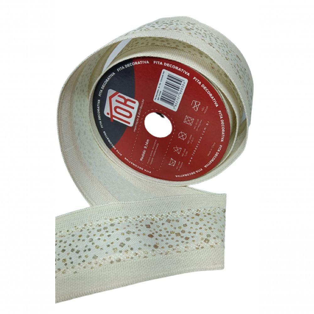 Fita Decorativa Bege Com Faixa Branca De Detalhes Dourado Ft1136 - 1