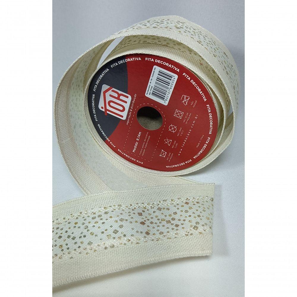 Fita Decorativa Bege Com Faixa Branca De Detalhes Dourado Ft1136 - 2