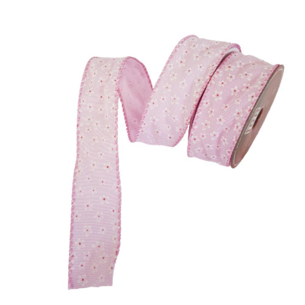 Fita Aramada Rosa Com Flores Brancas Comp 9.14m - 1