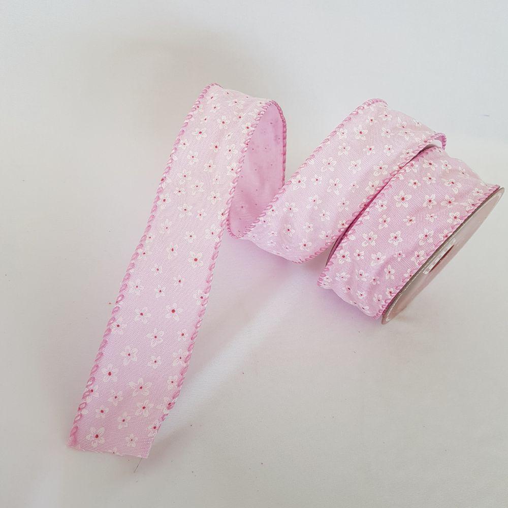 Fita Aramada Rosa Com Flores Brancas Comp 9.14m - 2