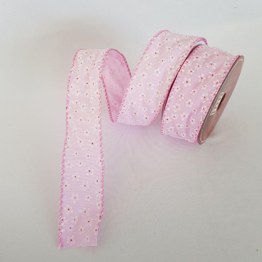 Fita Aramada Rosa Com Flores Brancas Comp 9.14m - 3