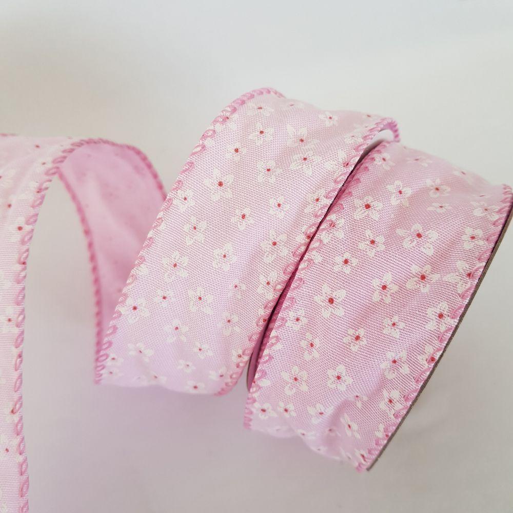 Fita Aramada Rosa Com Flores Brancas Comp 9.14m - 5