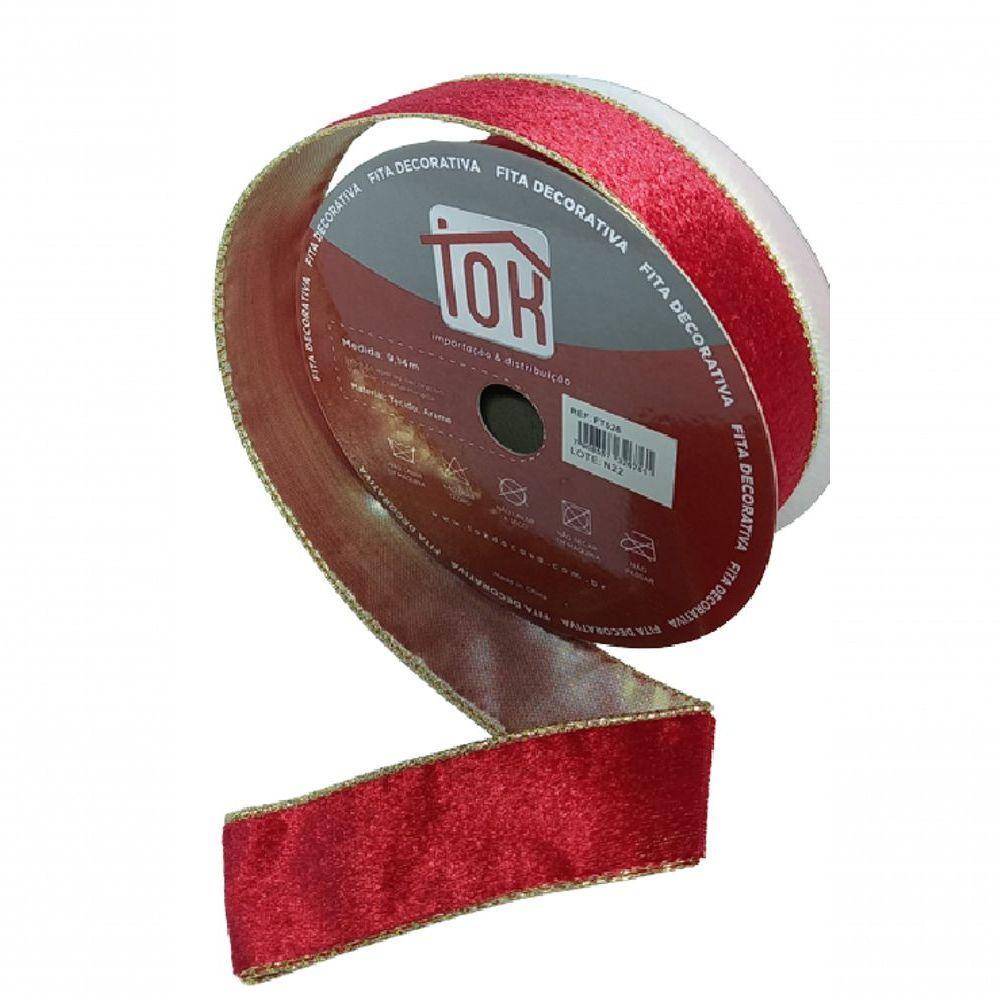 Fita Decorativa Vermelha Veludo Lisa Com Borda Dourada - 1