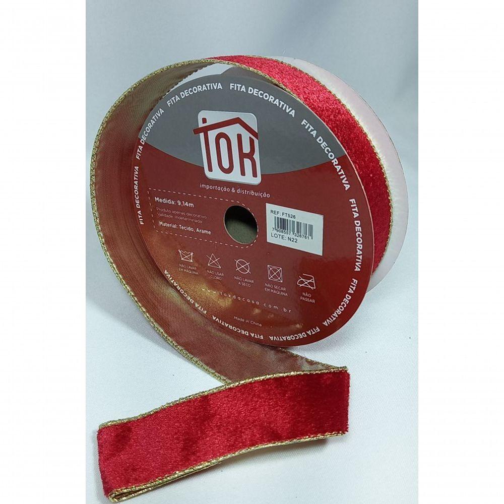 Fita Decorativa Vermelha Veludo Lisa Com Borda Dourada - 2