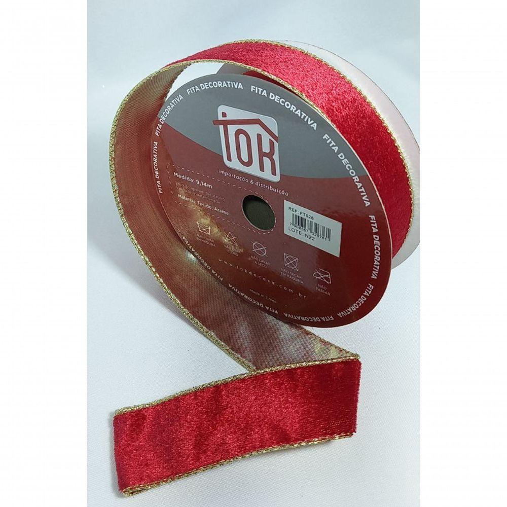 Fita Decorativa Vermelha Veludo Lisa Com Borda Dourada - 3