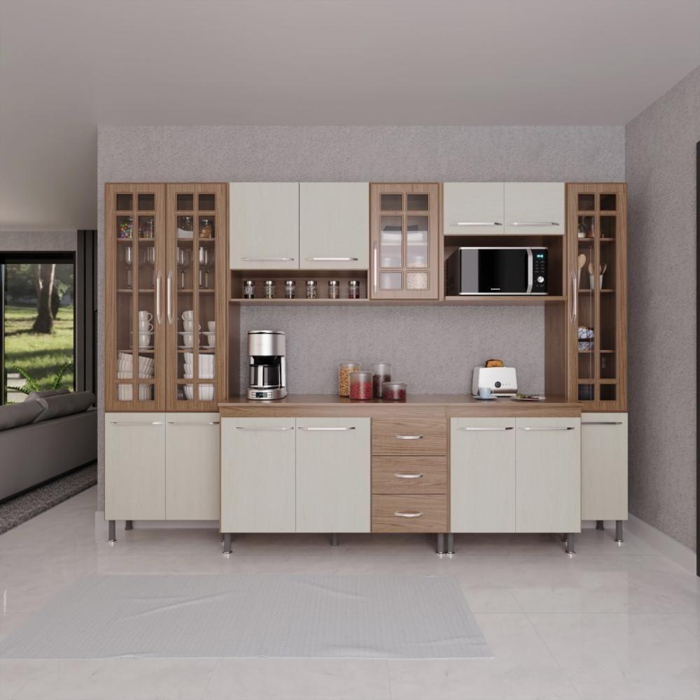 Cozinha Modulada Completa Fidelitá Paris 6 Peças 295cm 15 Portas 3 Gavetas Com Tampo Nogal/salinas - 1