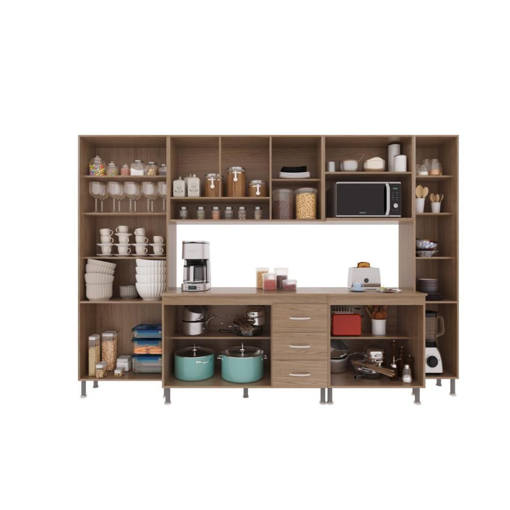 Cozinha Modulada Completa Fidelitá Paris 6 Peças 295cm 15 Portas 3 Gavetas Com Tampo Nogal/salinas - 2