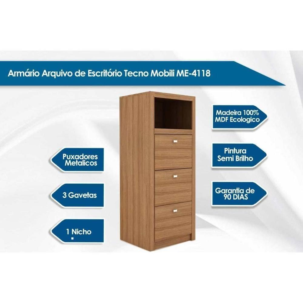 Arquivo de Escritório ME4118 c/ 3 Gavetas e 1 Nicho Amêndoa - Tecno Mobili - 2