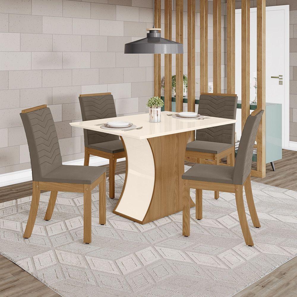 Conjunto Sala De Jantar Tampo Mdf Canto Reto 120 Cm 4 Cadeiras Melanie Henn Off White Com Nature E Bege - 1