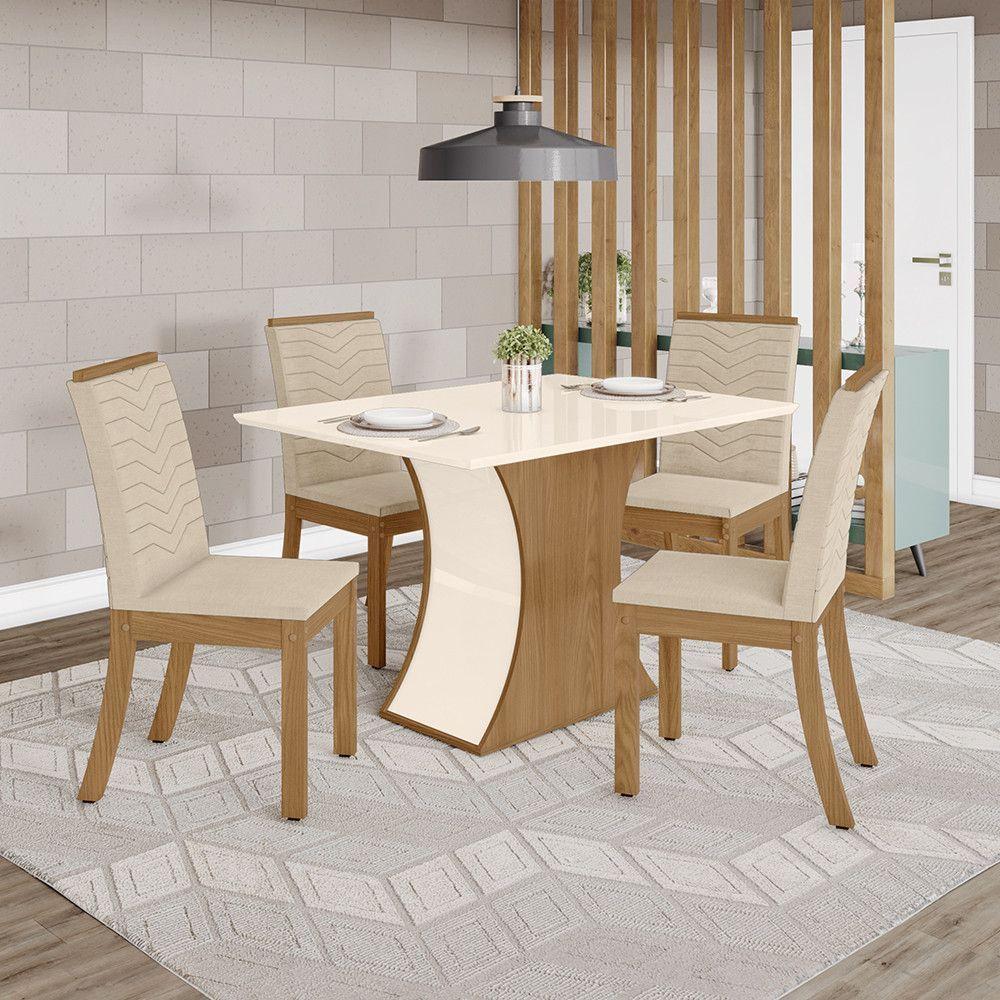 Conjunto Sala De Jantar Tampo Mdf Canto Reto 120 Cm 4 Cadeiras Melanie Henn Off White Com Nature E Linho - 1