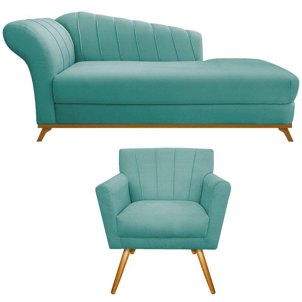 Kit Diva Recamier Vanessa 185cm Lado Direito E 01 Poltrona Laura Suede Cor Azul Tiffany - 1