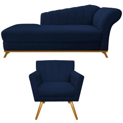 Kit Diva Recamier Vanessa 140cm Lado Esquerdo E 01 Poltrona Laura Suede Cor Azul Marinho