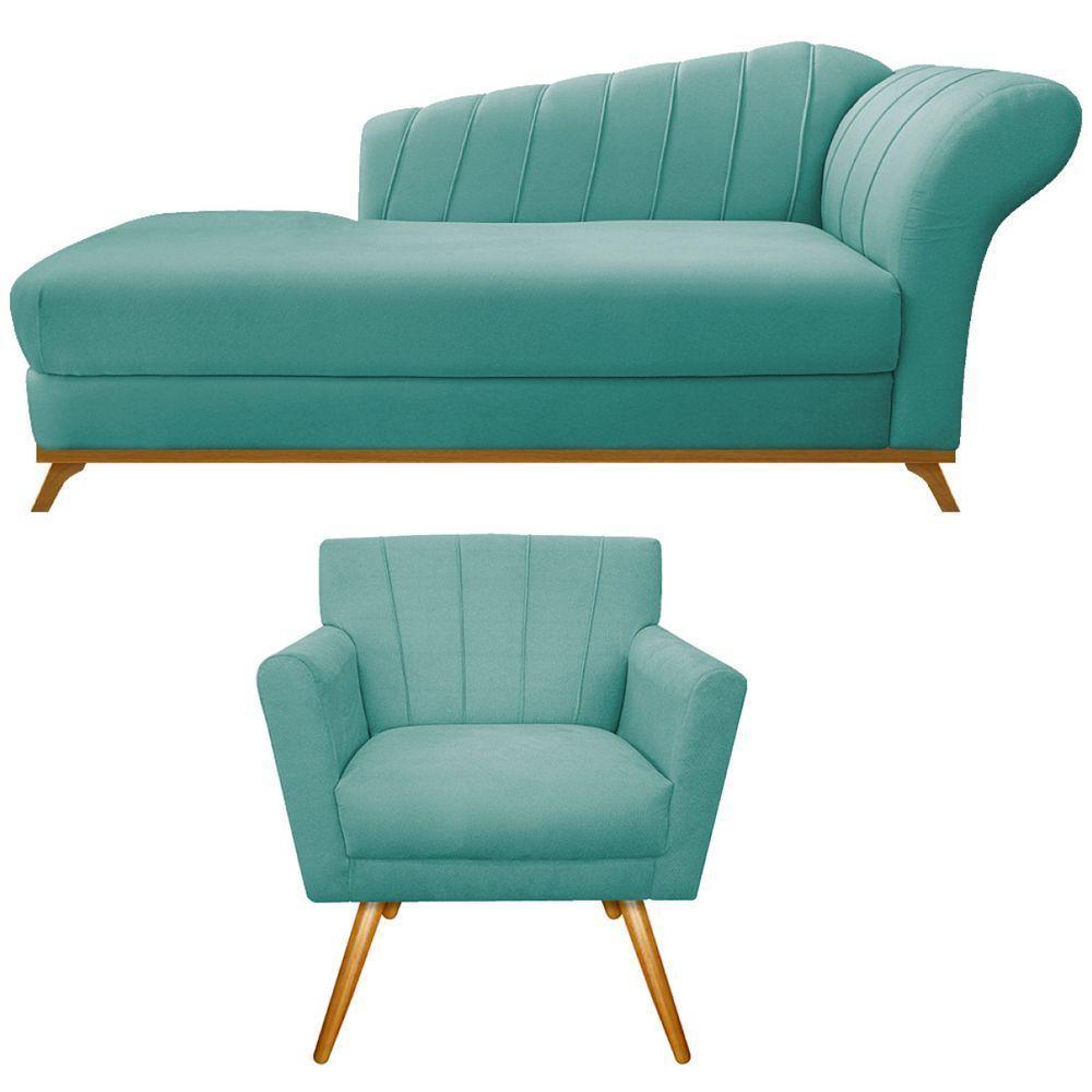 Kit Diva Recamier Vanessa 185cm Lado Esquerdo E 01 Poltrona Laura Suede Cor Azul Tiffany - 1