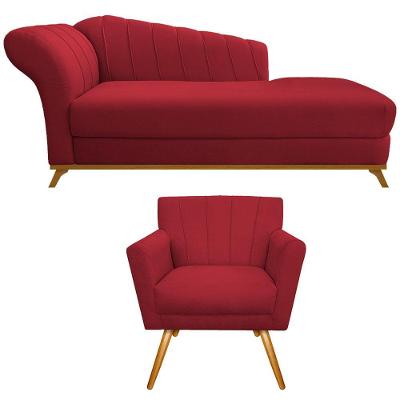 Kit Diva Recamier Vanessa 185cm Lado Direito E 01 Poltrona Laura Suede Cor Vermelho