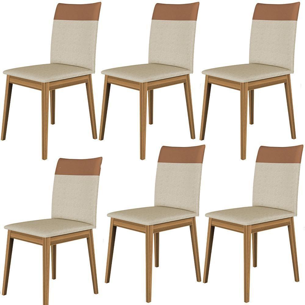 Conjunto 6 Cadeiras Cristal Linho Com Pés De Madeira Maciça Areia/caramelo Areia/caramelo - 1