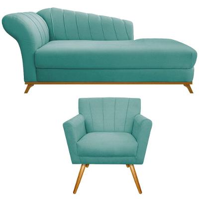 Kit Diva Recamier Vanessa 140cm Lado Direito E 01 Poltrona Laura Suede Cor Azul Tiffany