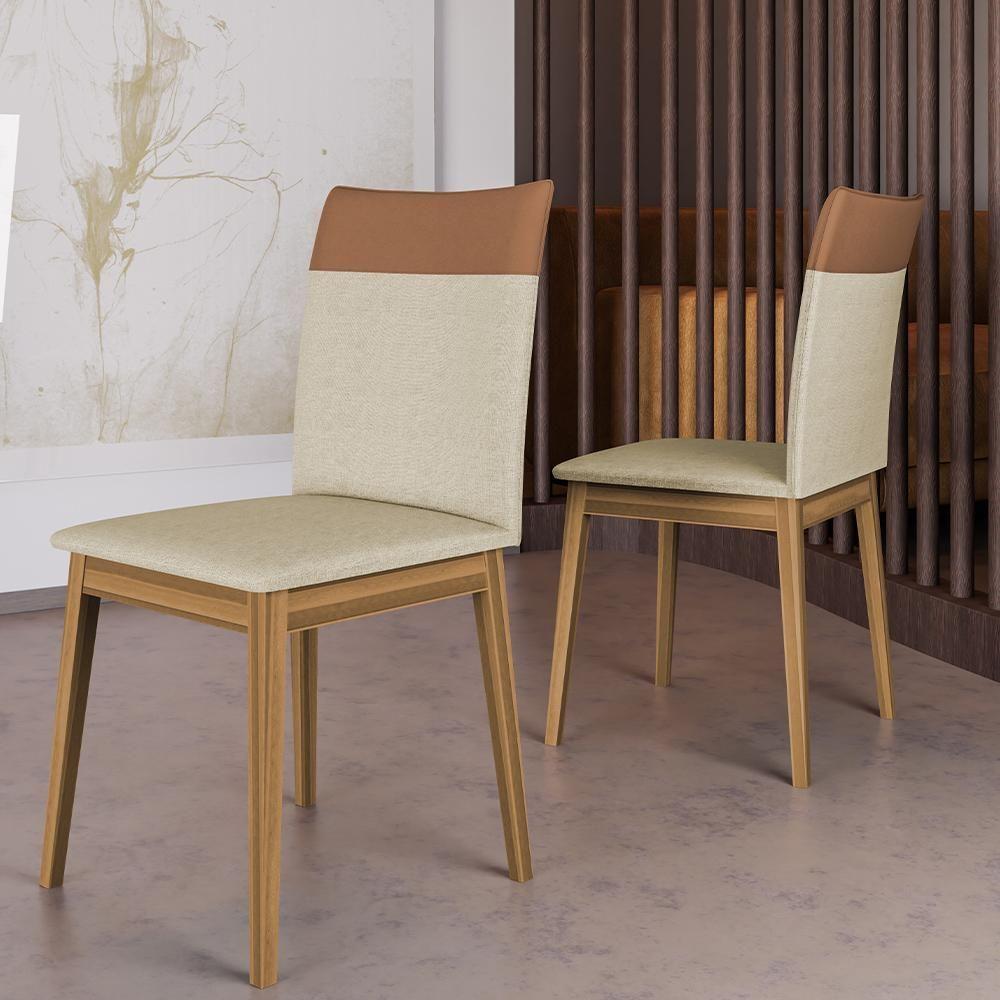 Conjunto 2 Cadeiras Cristal Linho Com Pés De Madeira Maciça Areia/caramelo Areia/caramelo - 2