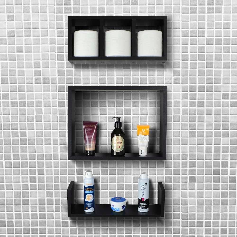 Kit 3 Peças Nicho Prateleira Para Banheiro 40 X 12cm Preto - 1