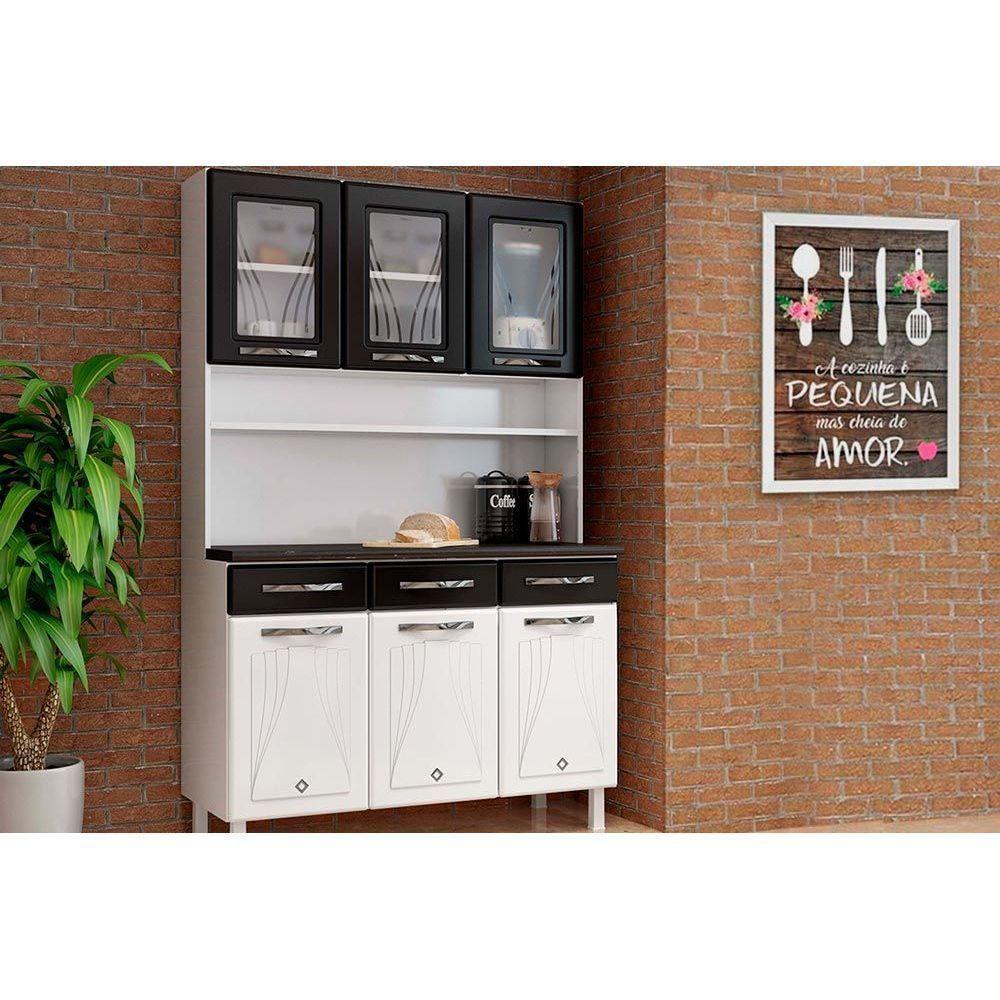 Cozinha Compacta Star New c/ 6 Portas (3 c/ Vidro) e 3 Gavetas Branco/Preto - Telasul - 1