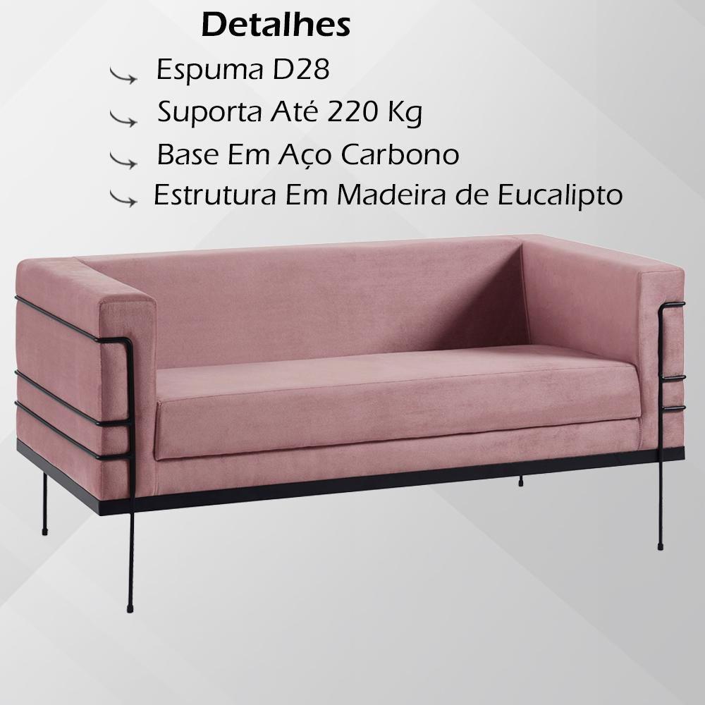 Sofa 2 Lug Base Aço Preto 135 Cm 2064x2 Veludo Rosa Dmobiliario Rosa - 6