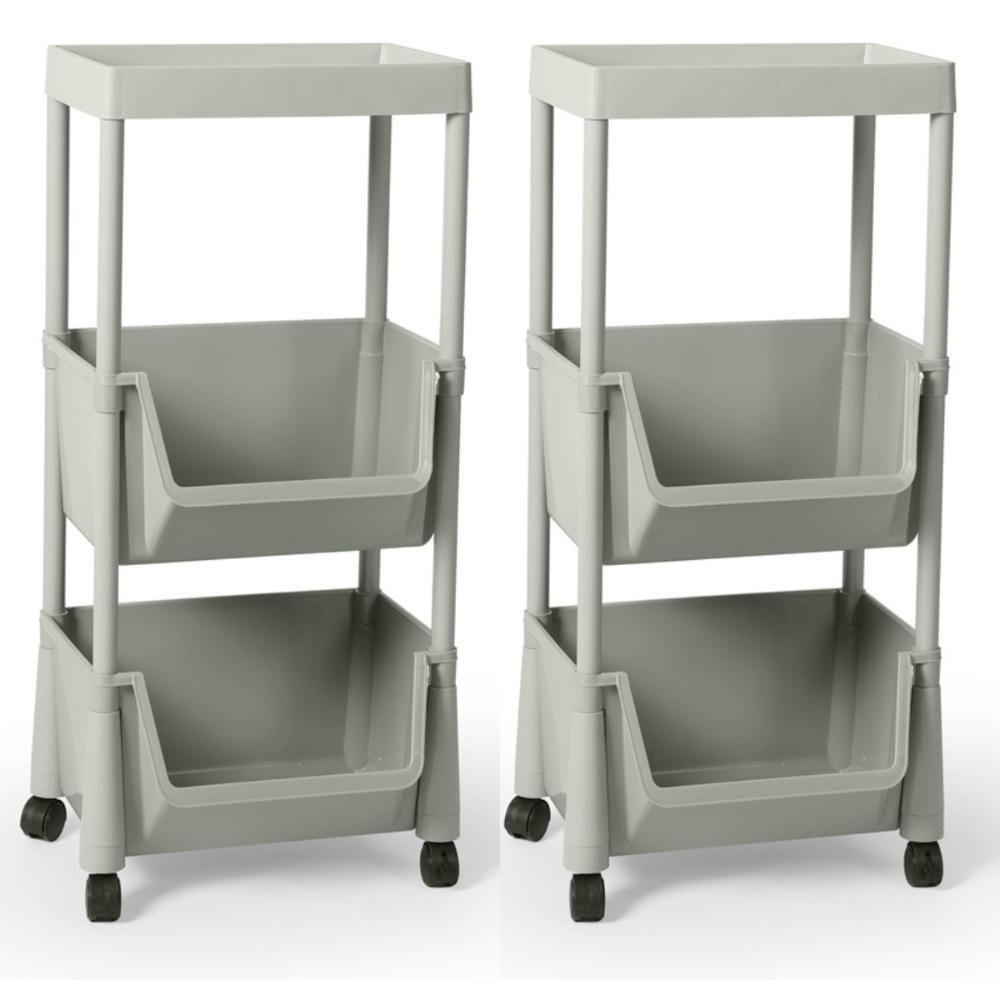 Kit 2 Carrinho Multiuso Prático 3 Prateleiras Em Plástico Com Rodízio - Cinza - 1